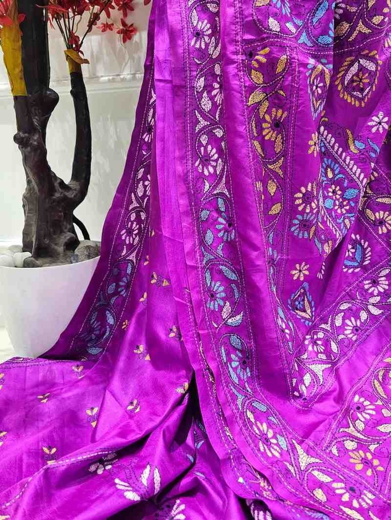 Bangalore pure silk Kantha Saree - Magenta Pink