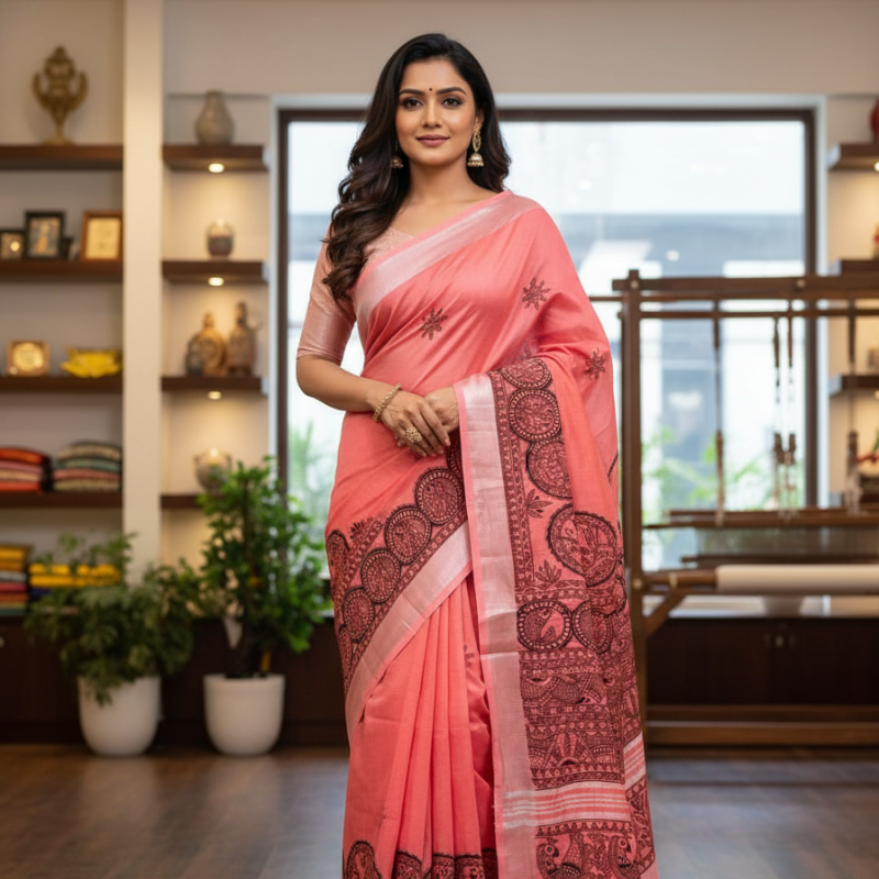 'MANORATH' Pink Handpainted Madhubani Blend Saree