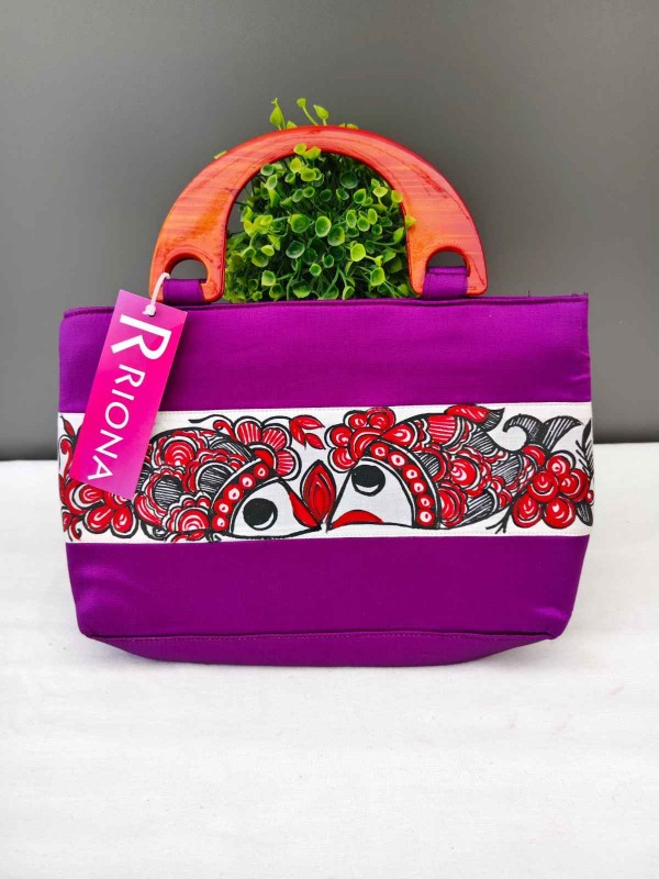 Handpainted Madhubani Silk Bag With Wooden handle -  Purple