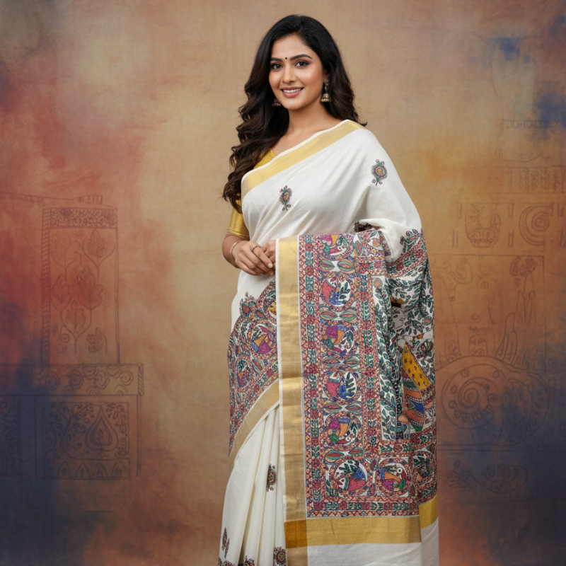 'Radha Krishna' Hand painted Madhubani Blend Saree