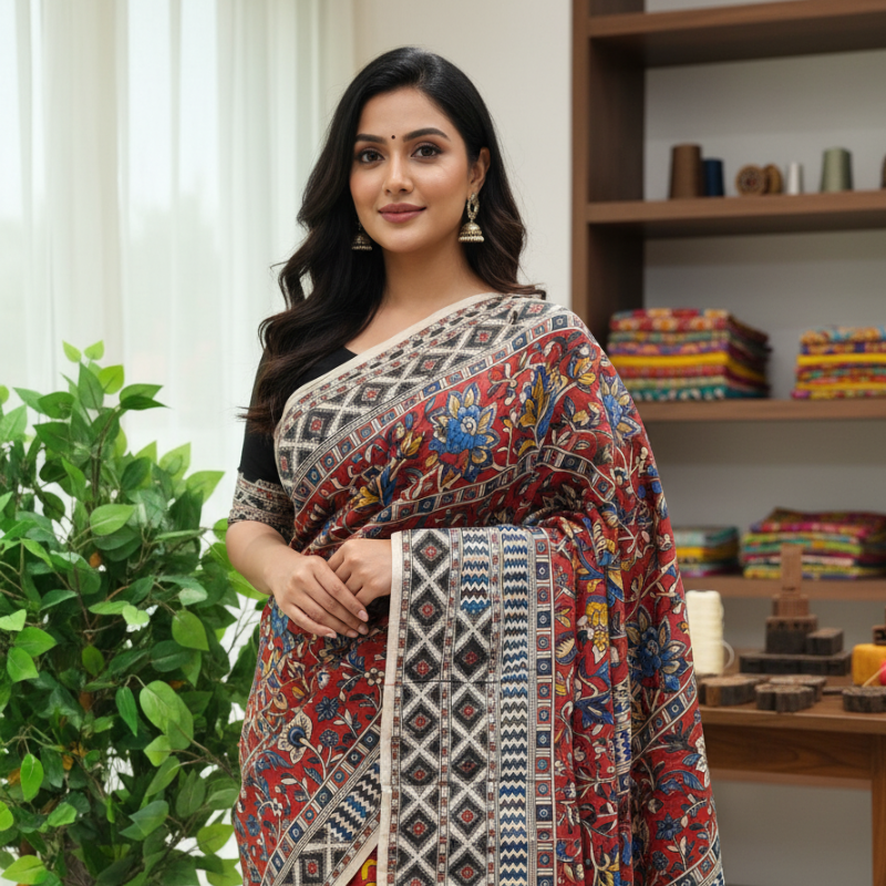 'Chitramayuri' Red canvas cotton Kalamkari Saree