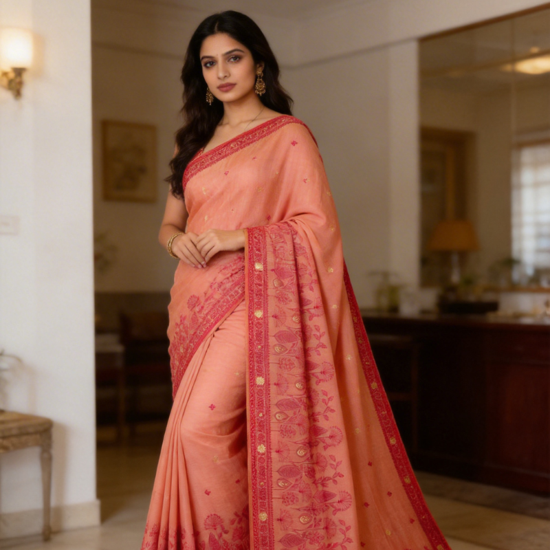 Floral Art Muga Jamdani Saree -Pastel Peach