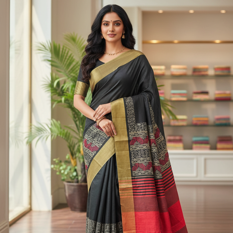 Hand Stitched Assam Silk - Black