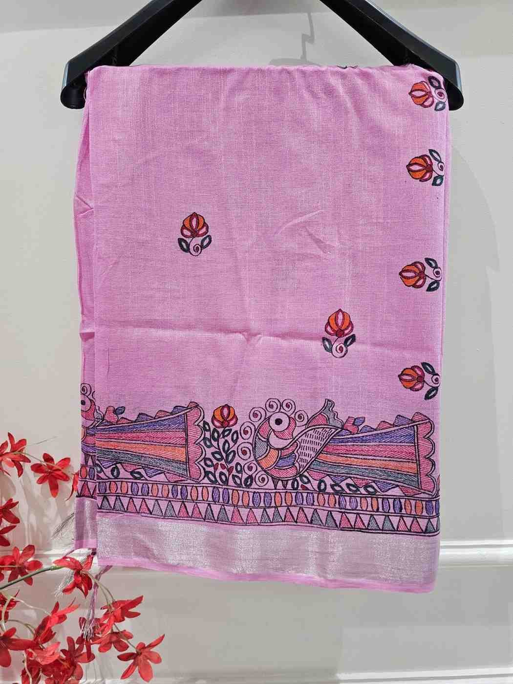 Gulabi mayuri Hand painted madhubani blend saree