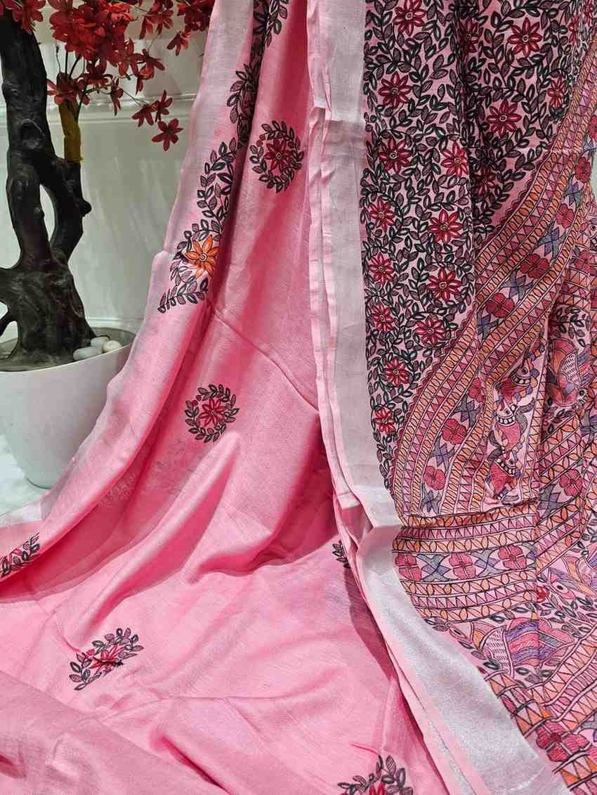 Floral Motifs Pink Hand painted Madhubani Blend Saree