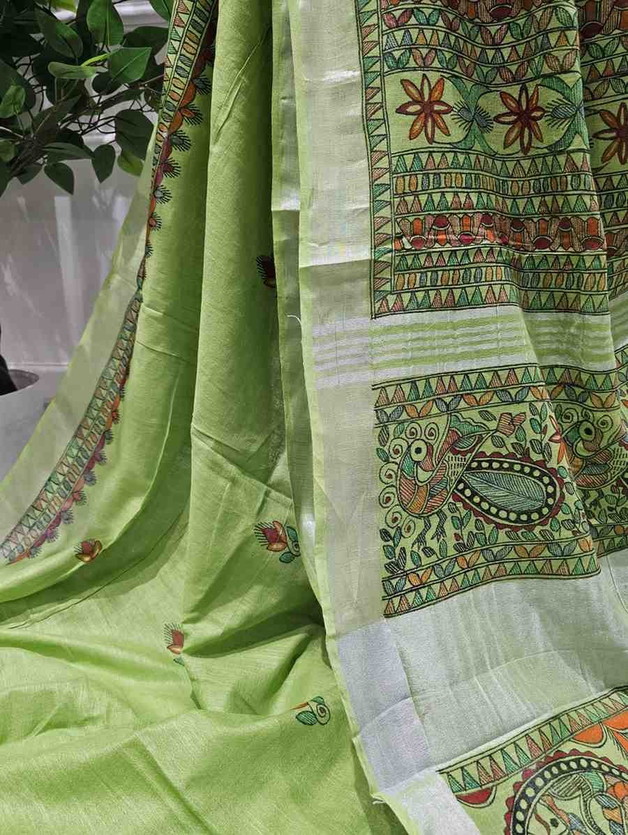 'Matsya Leela' Mint Green Hand painted Madhubani Blend Saree