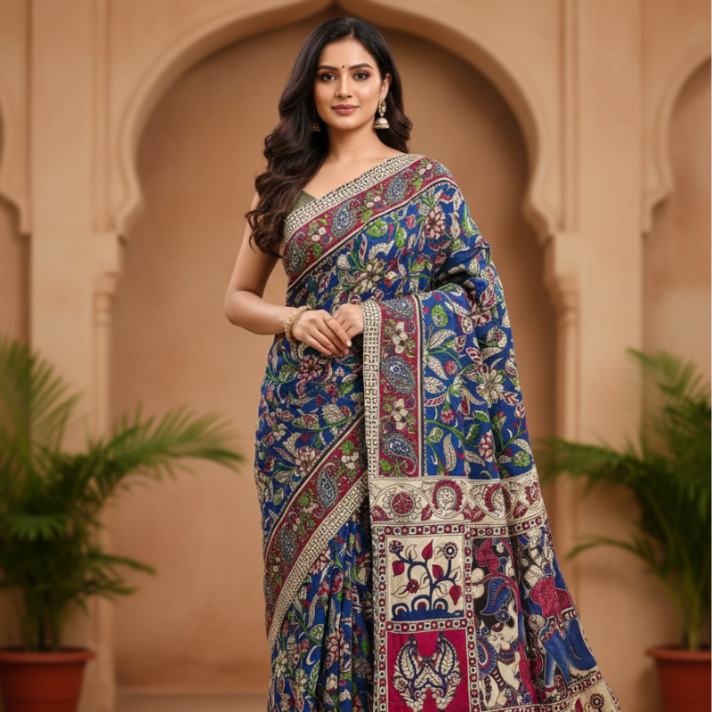 'Madhavilatika' Bold Blue canvas with Floral and Leaf motifs cotton Kalamkari Saree