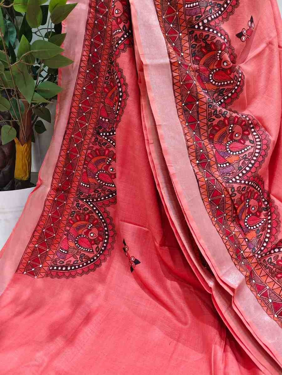 'Mayurika' Pink Hand Painted Madhubani Blend Saree