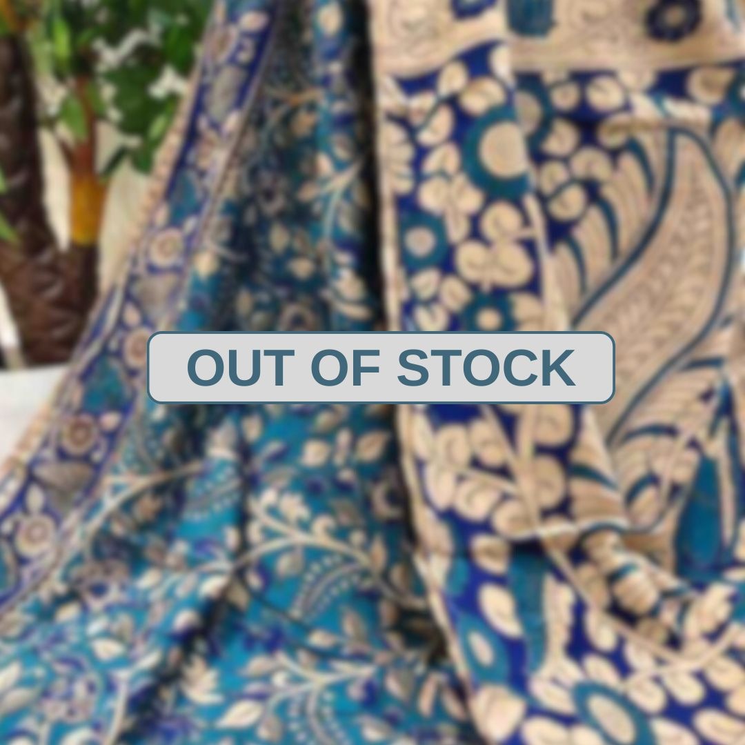 'Neelalata' Teal Blue canvas cotton Kalamkari Saree