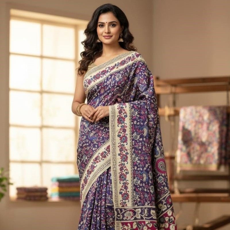 'Kusumataru' Black canvas with Floral and Birds motifs cotton Kalamkari Saree