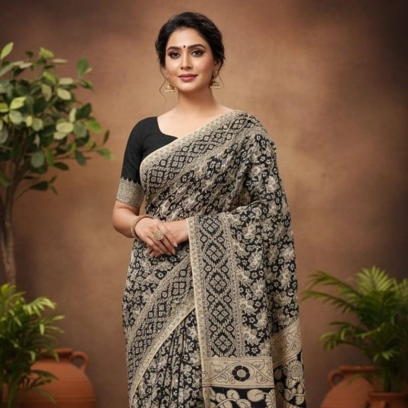 'Tamravallika' off White canvas with Black design cotton Kalamkari Saree