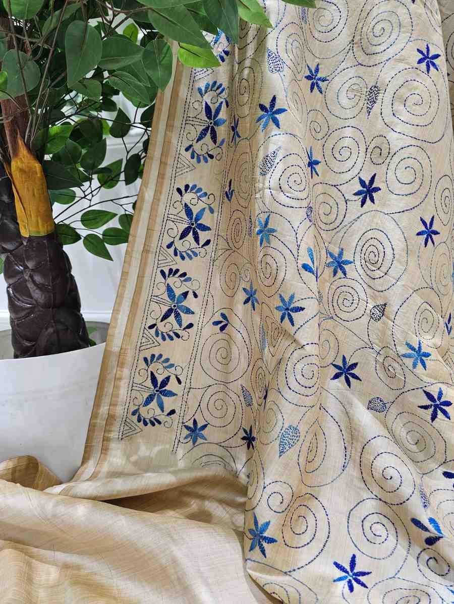 Hand Stitched Fragmented Kadhwa Kantha Saree- Blue