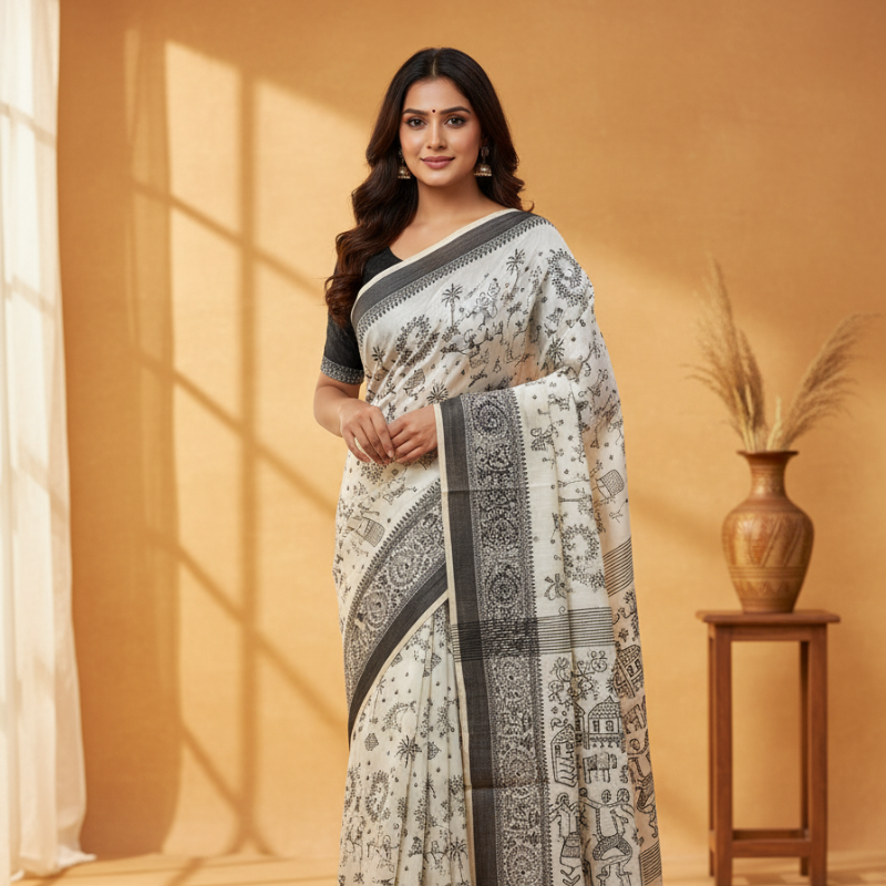 Black Thread Work Tussar Silk Saree - Rural Life Motifs