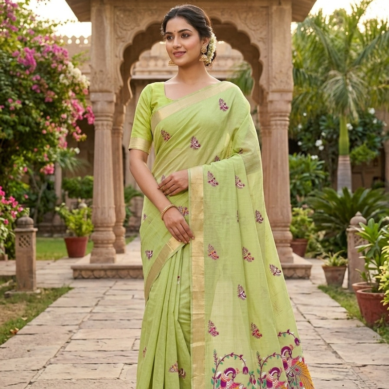 Bird Motif Muga Jamdani saree- Light Green