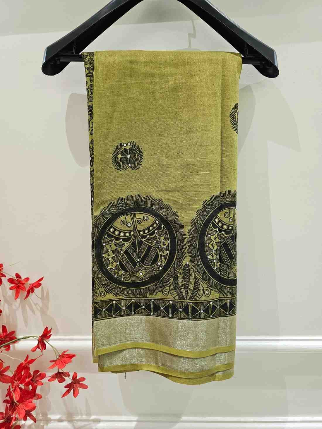 Matsya Hari priya Olive green kachni Hand Painted madhubani Blend saree