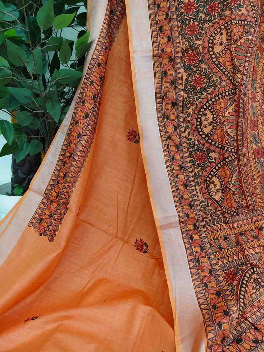 'KesariMayura' Orange hue Hand Painted Madhubani Blend Saree