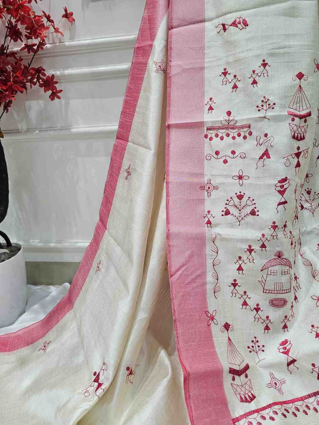 Hand stitched Matka Silk With Warali Design - Pink, Green, Red
