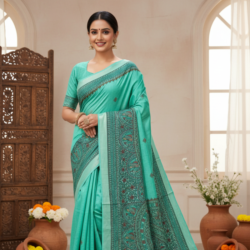 Hansagan Green Hand painted Madhubani Blend saree