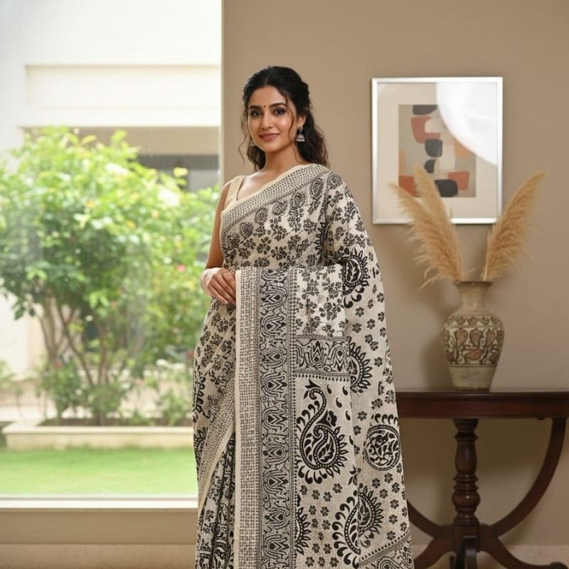'Kumudini' Off White Canvas with Black Floral motifs  cotton Kalamkari Saree