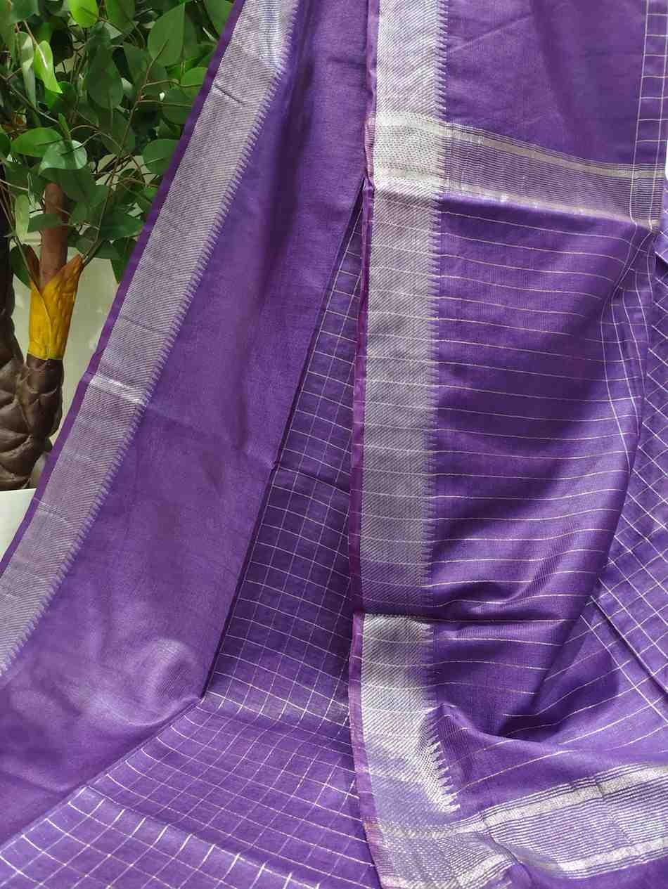 Mulberry Silk Handloom Saree- Dark Purple With Square Block Design