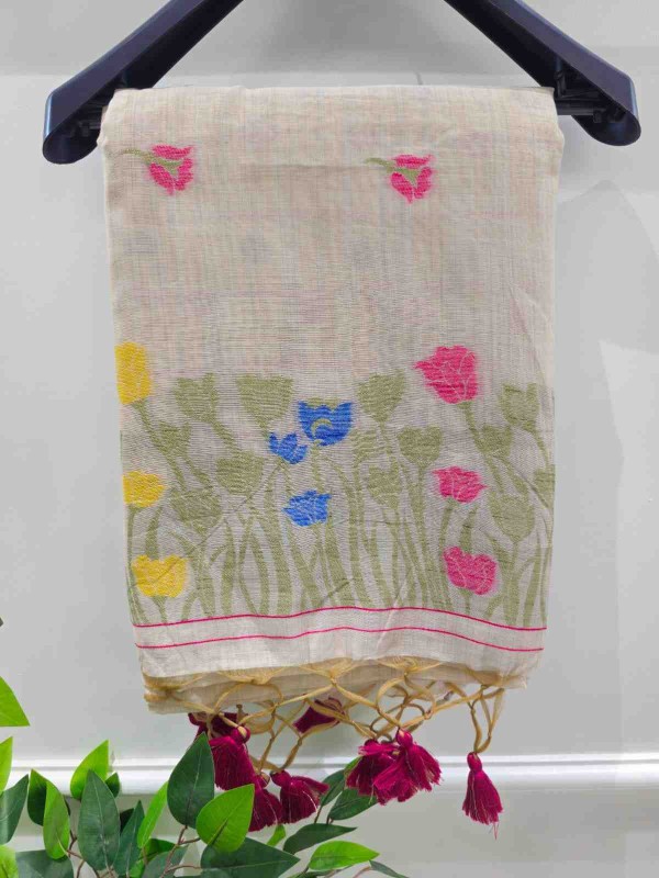Muga Assam Silk - Off White with Magenta lapis floral bloom