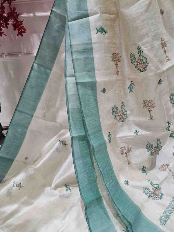 Hand stitched Matka Silk With Nakshi Design - Pink, Green, Red