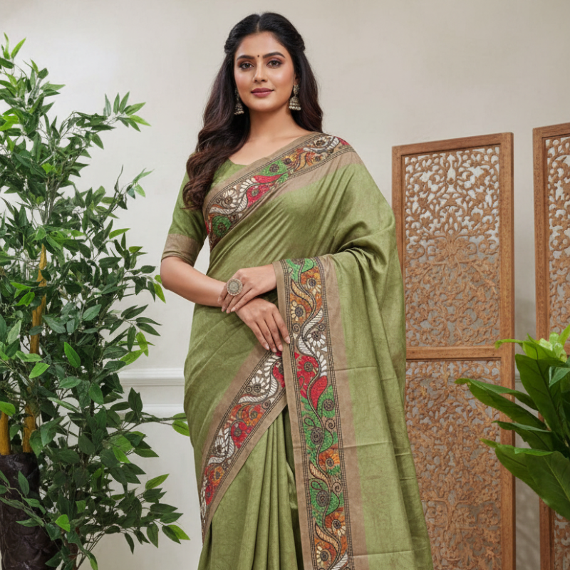 Bangalore Silk Blend Kantha Saree - Green with Multicolour Work