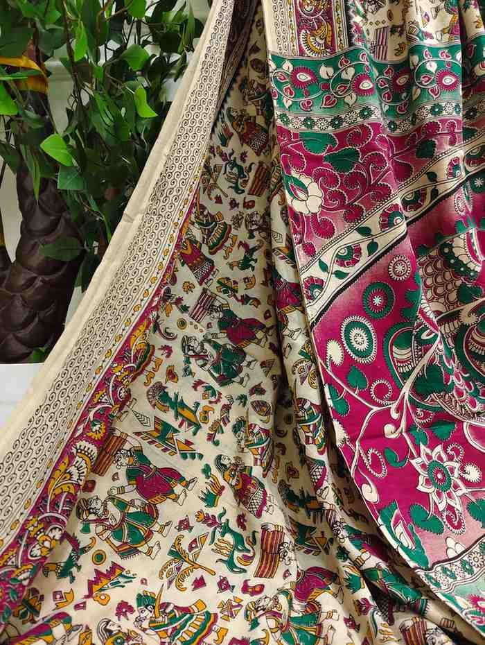 'Nrityachitra' Off white canvas with human motifs cotton Kalamkari Saree