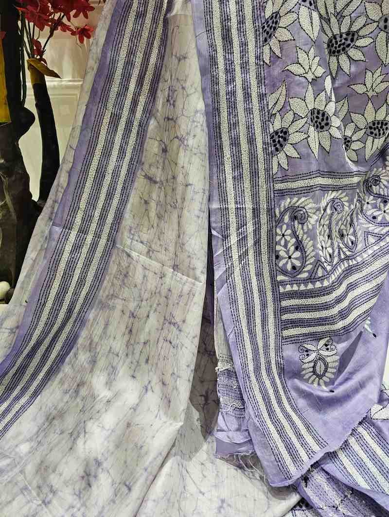 Bangalore Silk Blend Kantha Saree - Light Lavender
