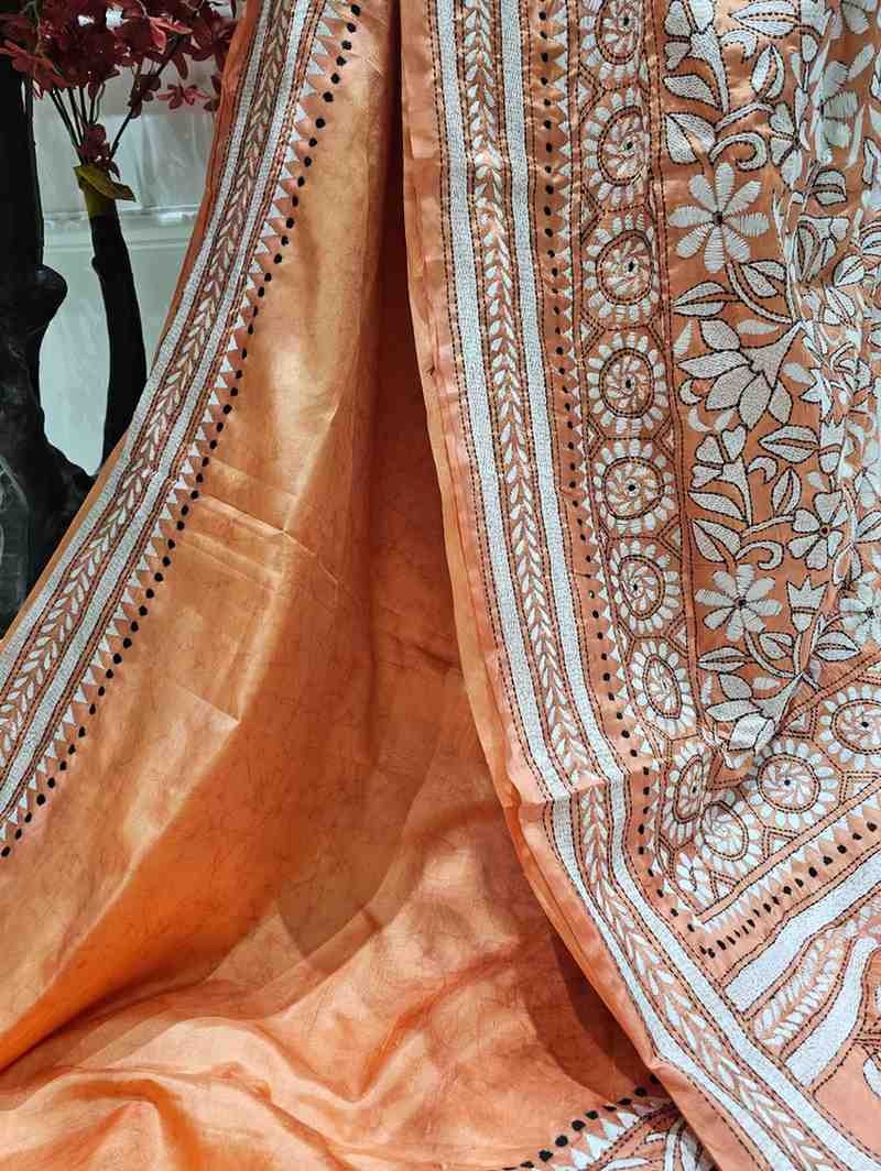 Bangalore Silk Kantha Saree - Peach