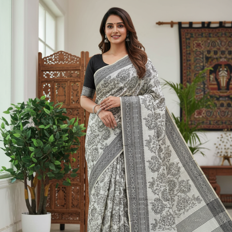 Black Thread Work Tussar Silk Saree - Floral Motifs