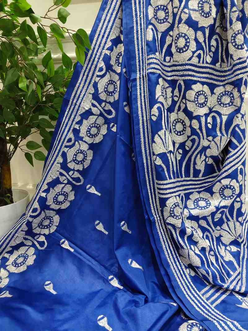 Floral Carnival of Blue Bangalore Silk Kantha Saree