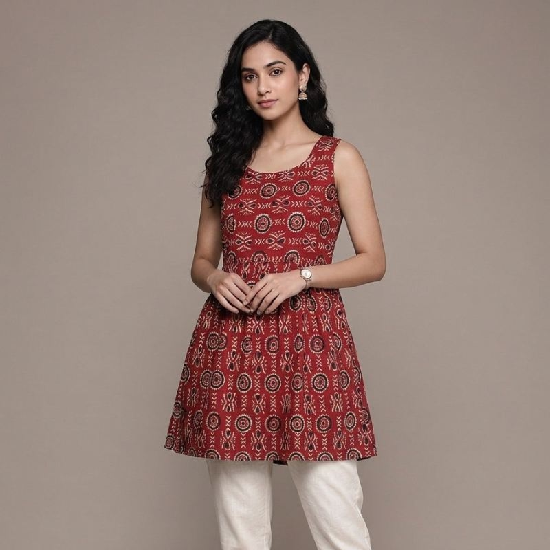 Round Neck Line Ladies Short Kurti