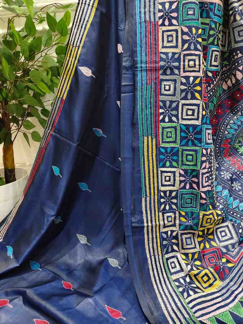 Prussian Blue Mandala Bangalore Silk Kantha Saree