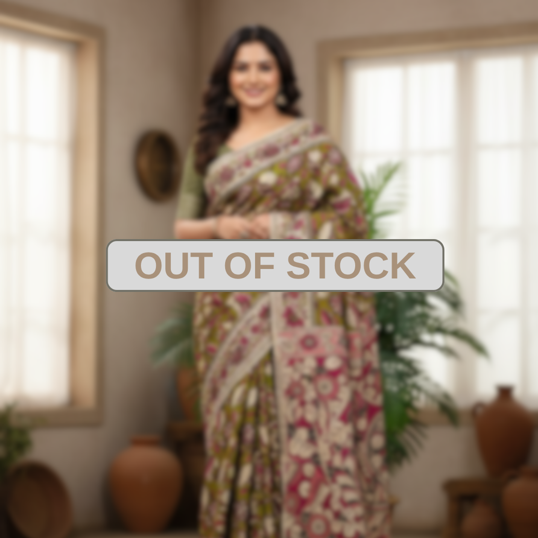 'Kamalamala' Olive Green canvas cotton Kalamkari Saree