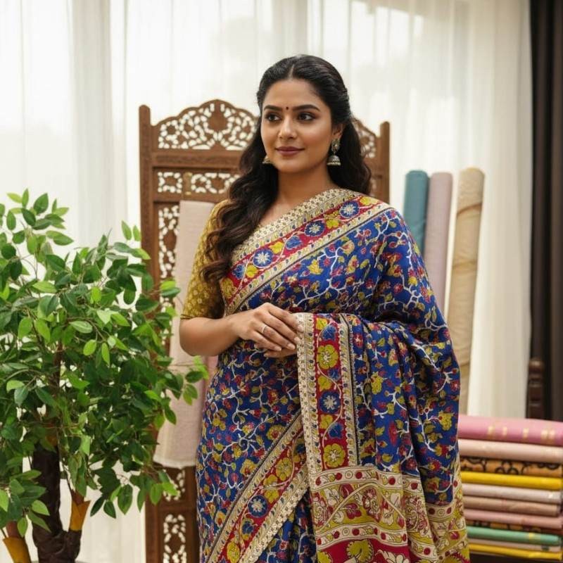 'Pushpavalli' Bright Blue canvas cotton Kalamkari Saree