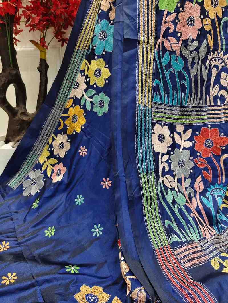Blue Serenity Bangalore Silk Kantha Saree