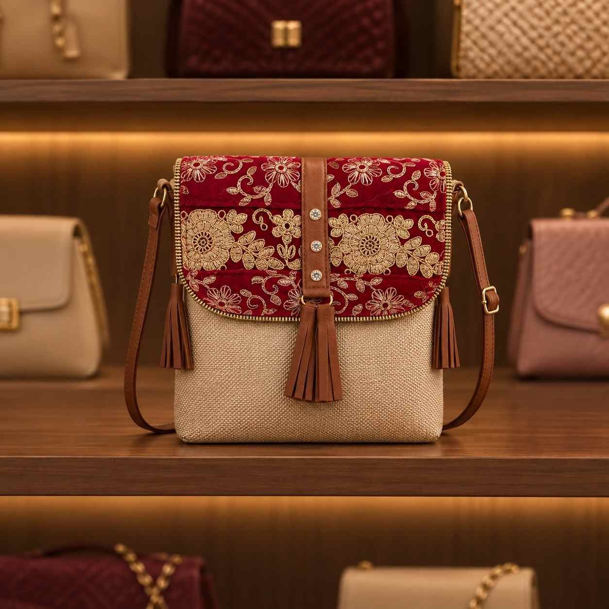 Handmade Ethnic Crossbody Sling Bag for Women | Traditional Velvet Embroidered Flap Bag with Tassels | Festive & Party Wear Handbag