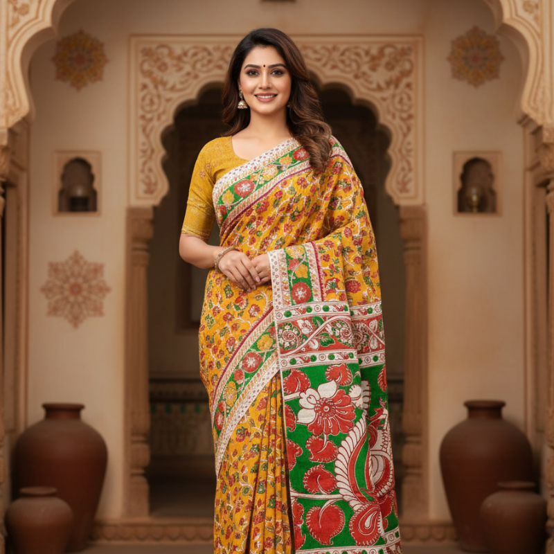 'Vasantika' Yellow canvas with Floral motifs cotton Kalamkari Saree