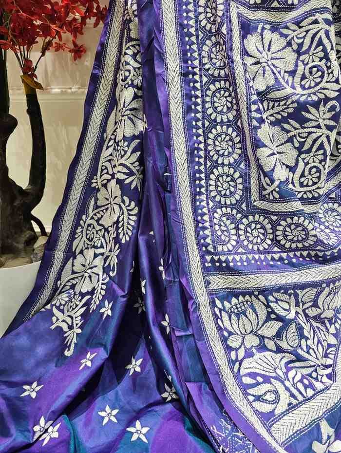 Bangalore Silk Blend Kantha Saree - Shiny Blue