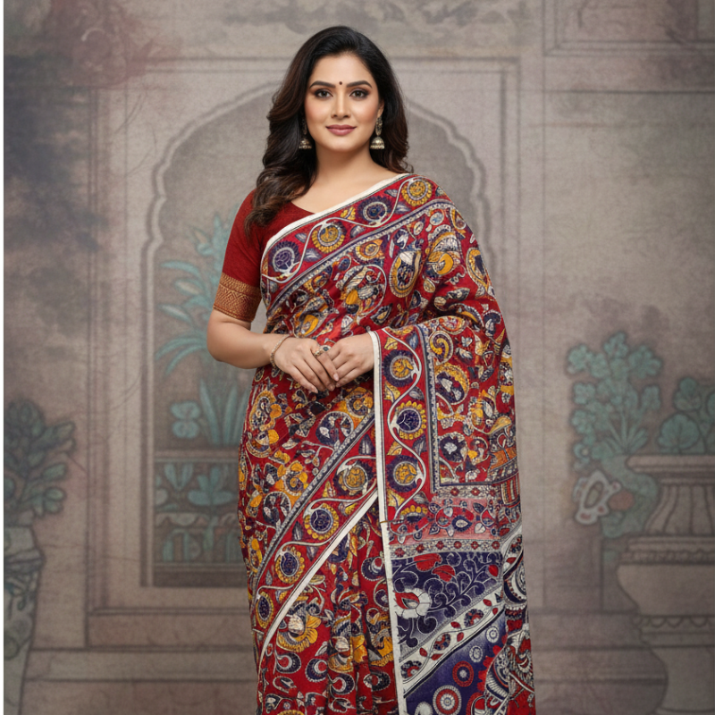 'Gopivastra' Multicolor canvas with Cow and Leaf motifs Nellore Silk Kalamkari Saree