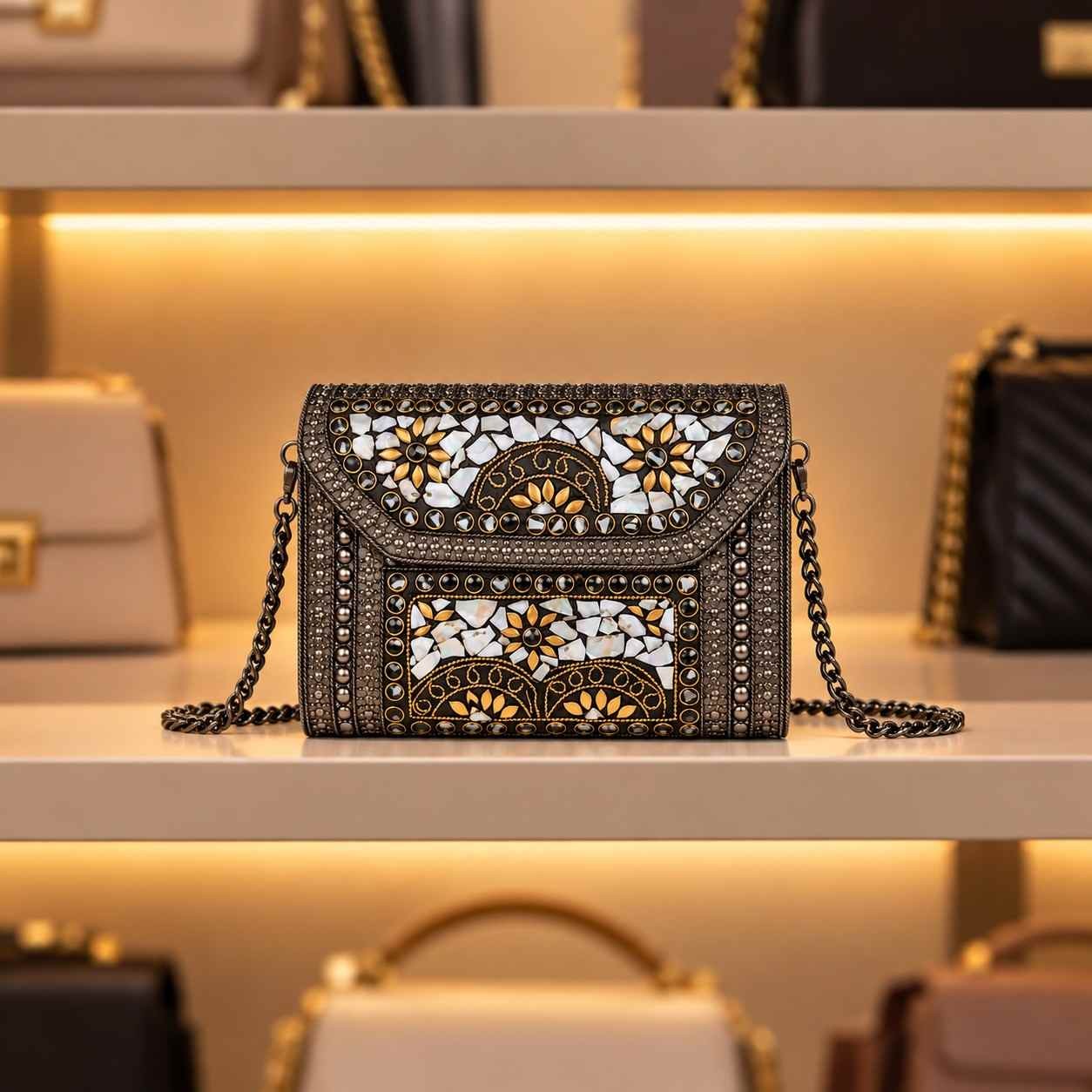 Handmade Pearl Mosaic & Stone-Studded Crossbody Sling Bag for Women | Luxury Metallic Chain Party Wear Envelope Clutch | Ethnic & Western Designer Handbag