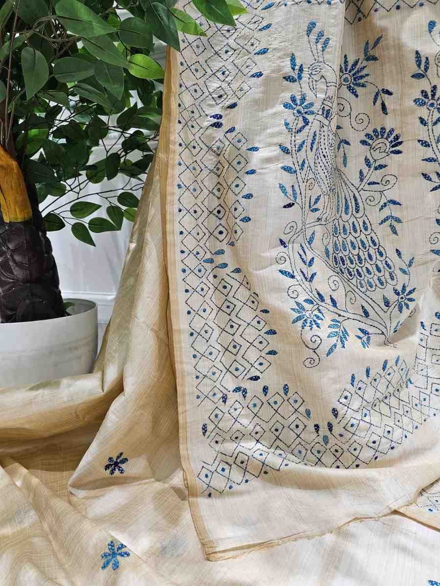 Hand Stitched Fragmented Kadhwa Kantha Saree- Blue Peacock