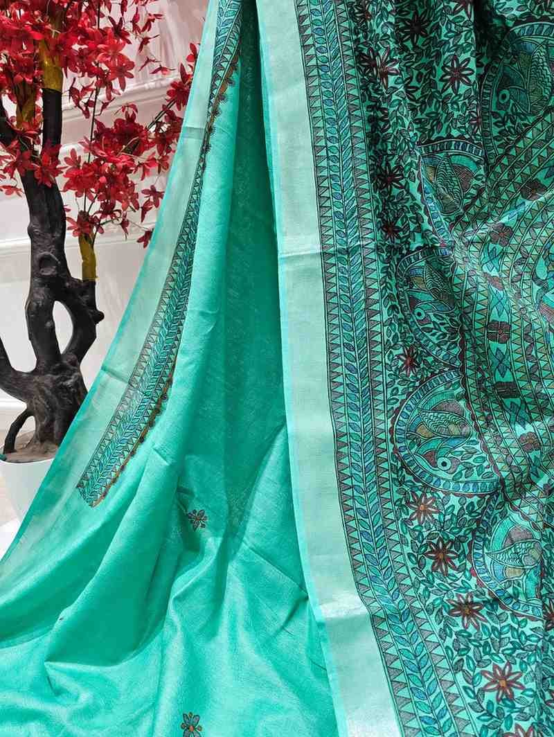 Hansagan' green hand painted madhubani blend saree