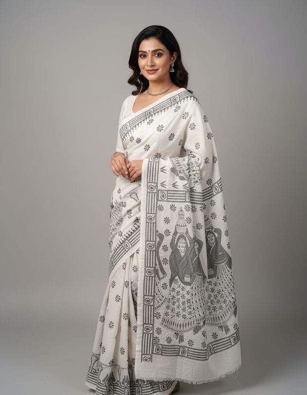 Village Vibe White Bangalore Silk Kantha Saree
