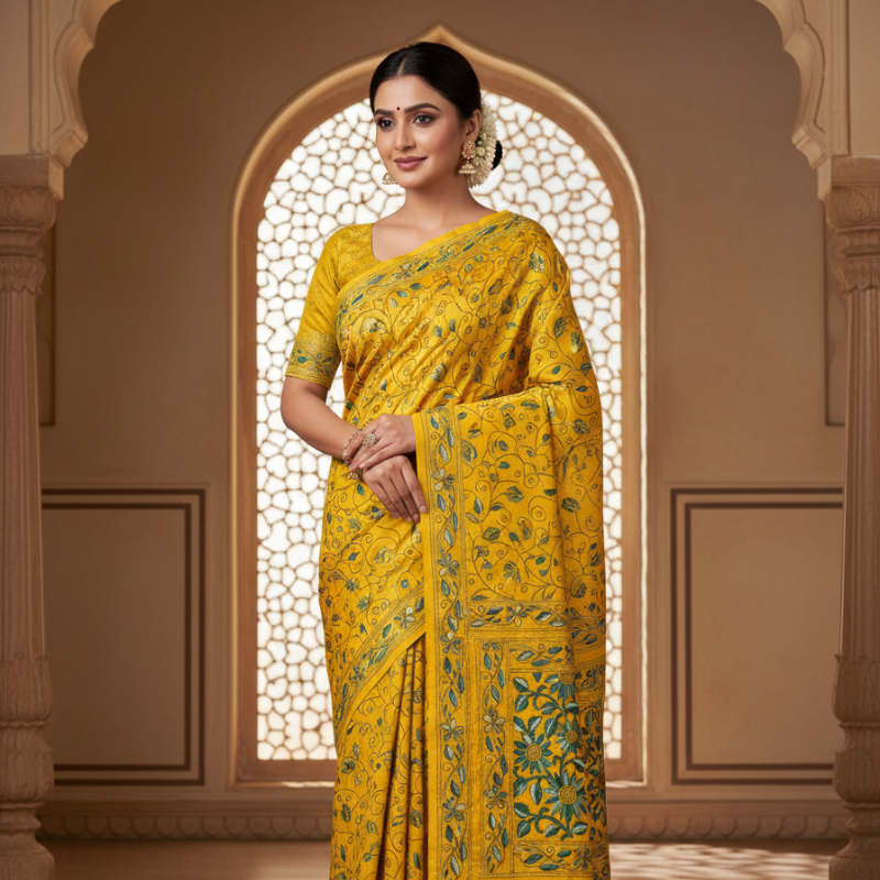 Bangalore Silk Blend Kantha Saree - Yellow With Floral Design