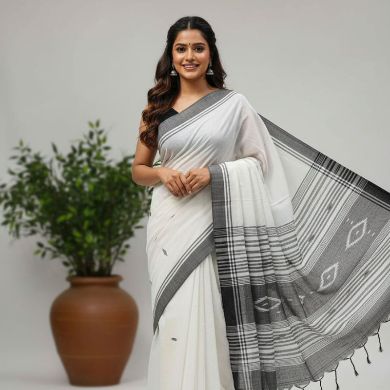Pure Cotton suti saree - White