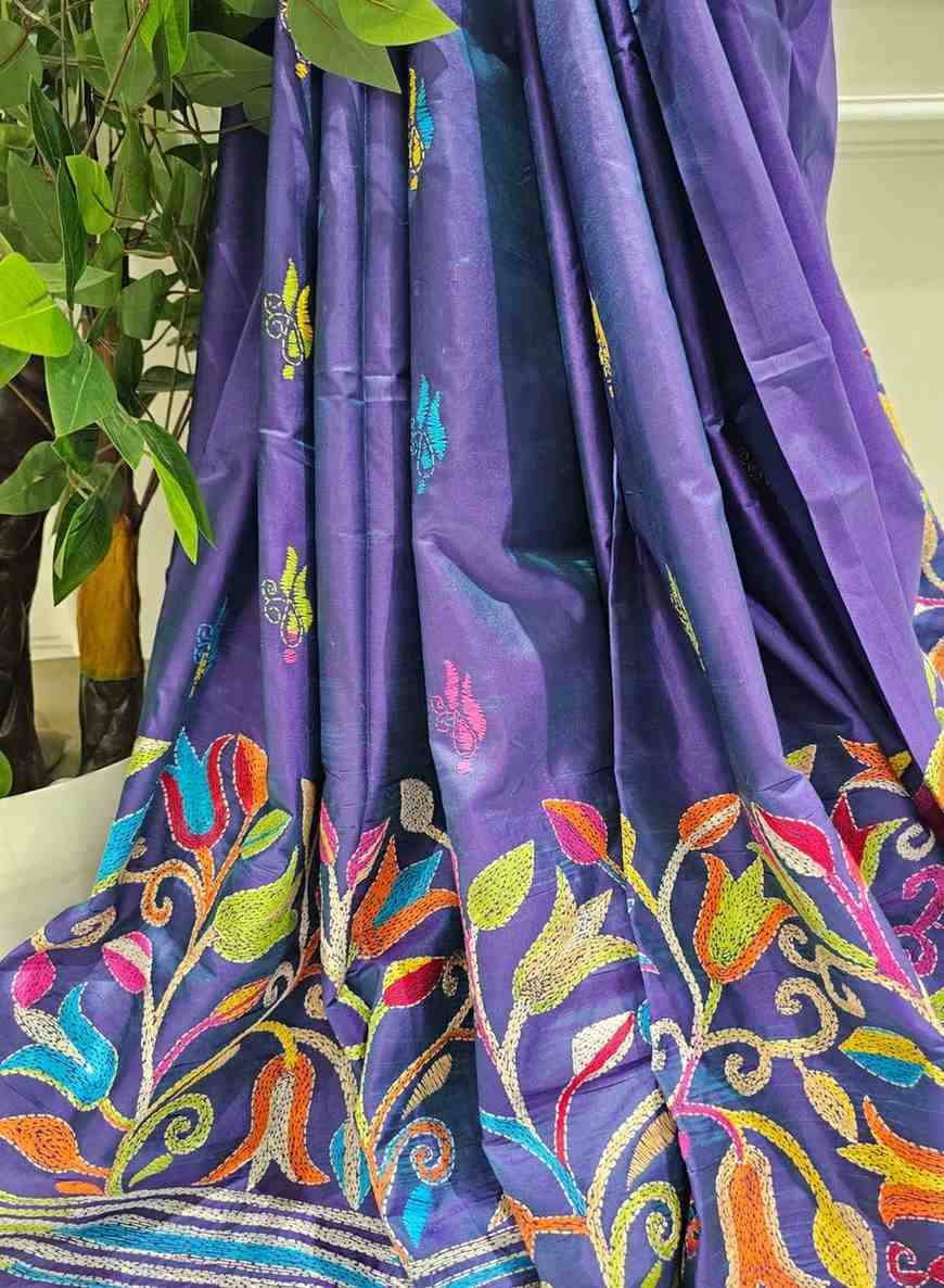 Bangalore Silk Blend Kantha Saree - Shiny Violet