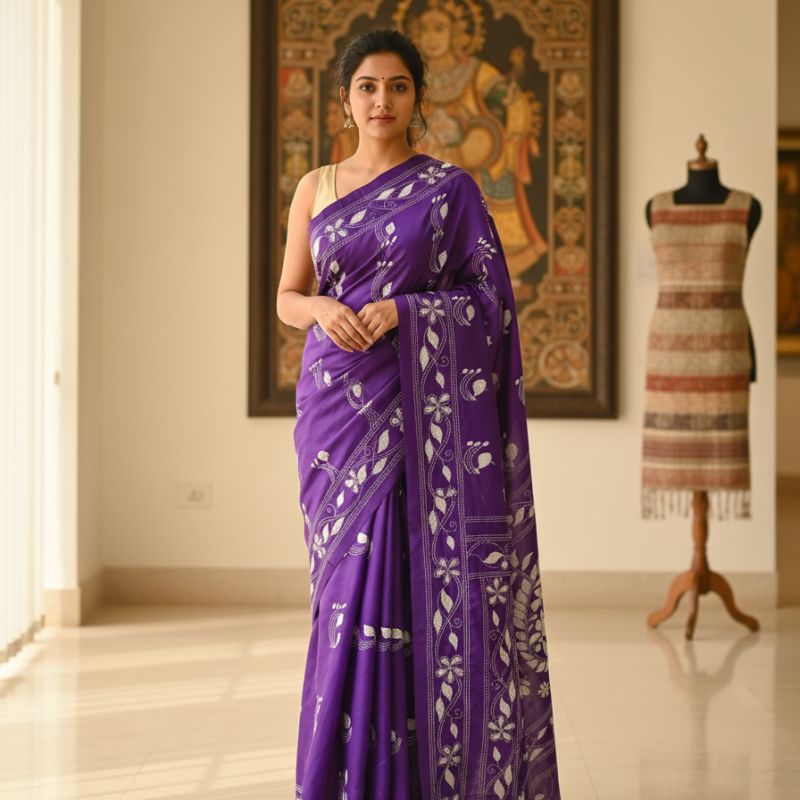Bangalore Silk Kantha Saree - Russian Violet