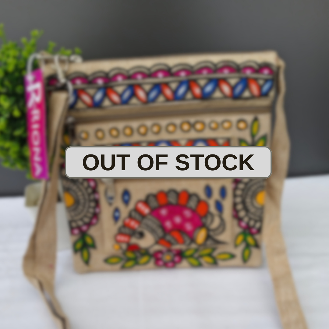 Handpainted Madhubani Double Chain Jute Small Sling Bag - Half Fish Design